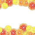 Template for invitation, congratulations on fruit pieces, orange, lemon, grapefruit. Royalty Free Stock Photo